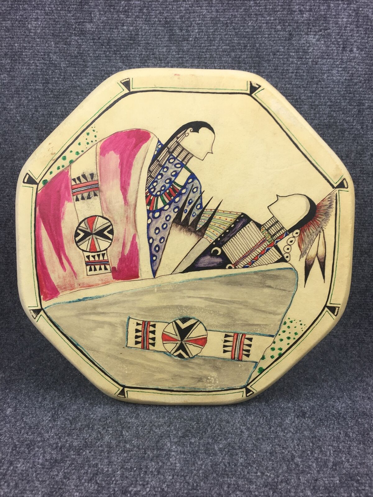 Native American Painted Rawhide Hand Drum Rob Mcclellan Vintage 2 Indian Signed