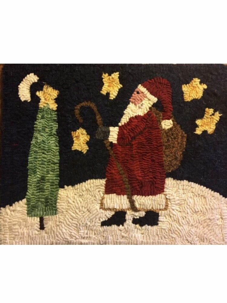 Primitive Rug Hooking Kit,santa And The Tree,hooked,christmas Gift,linen,wool