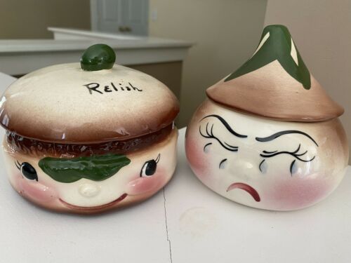 Vtg Deforest Of California Hand Painted Relish & Crying Onion Dish Jar 1950's