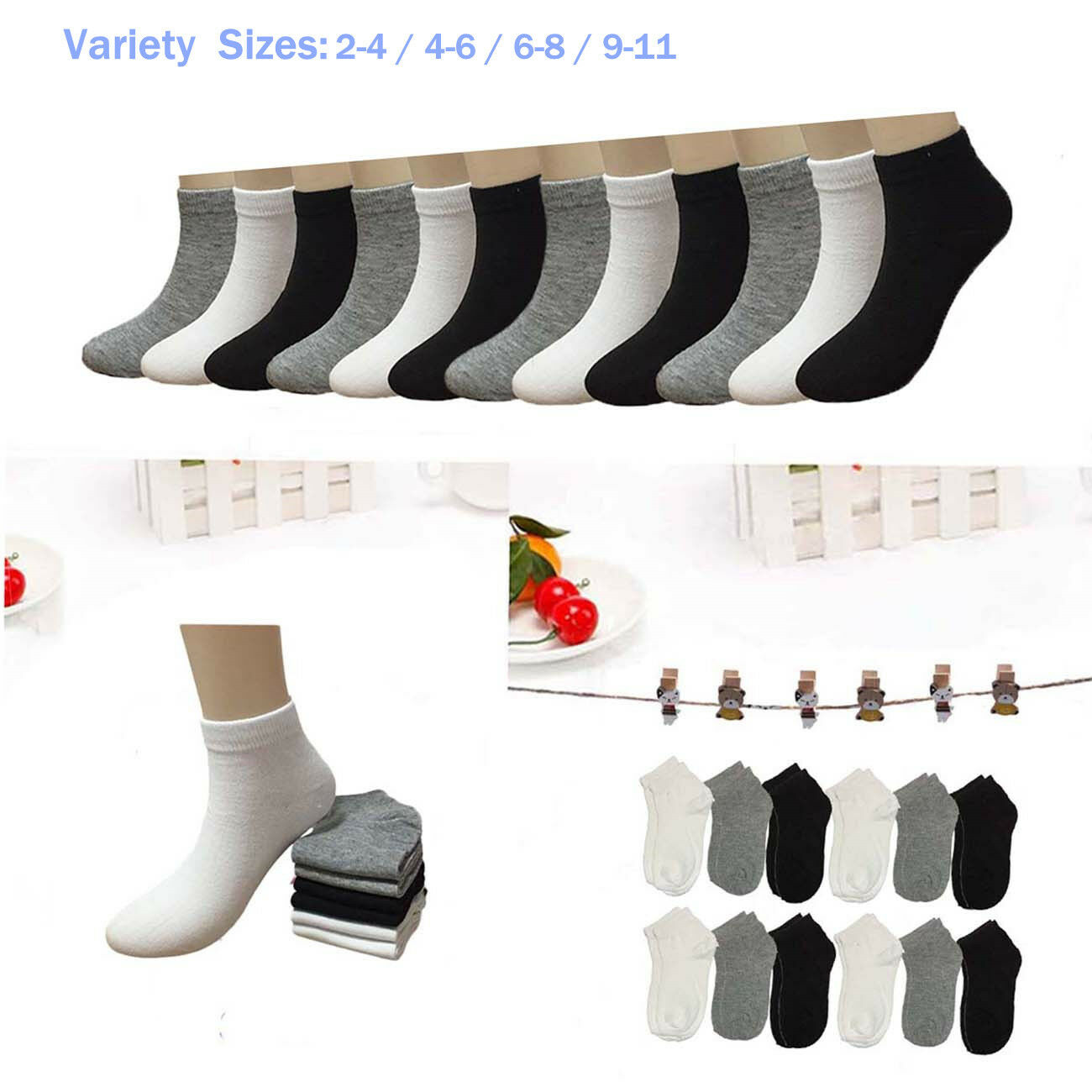New 6-12 Pairs Child Girls Kids Ankle Low Cut Socks Solid Cotton Multiple Sizes