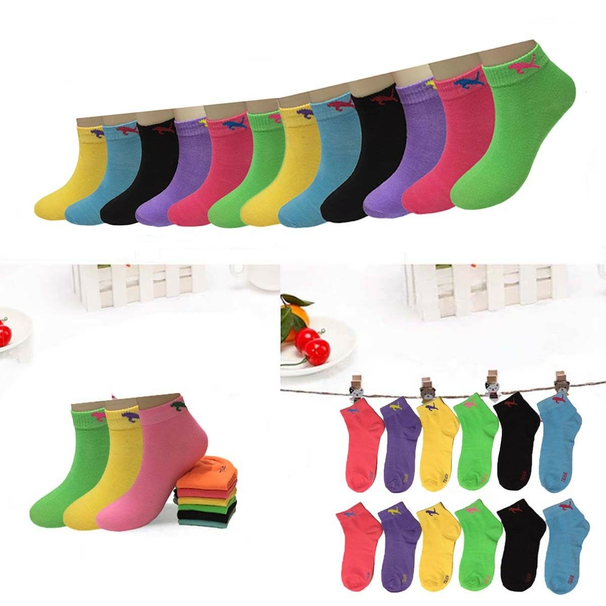 New 6-12 Pairs Dozen Child Girls Kids Candy Color Ankle Socks Cotton Multi-size